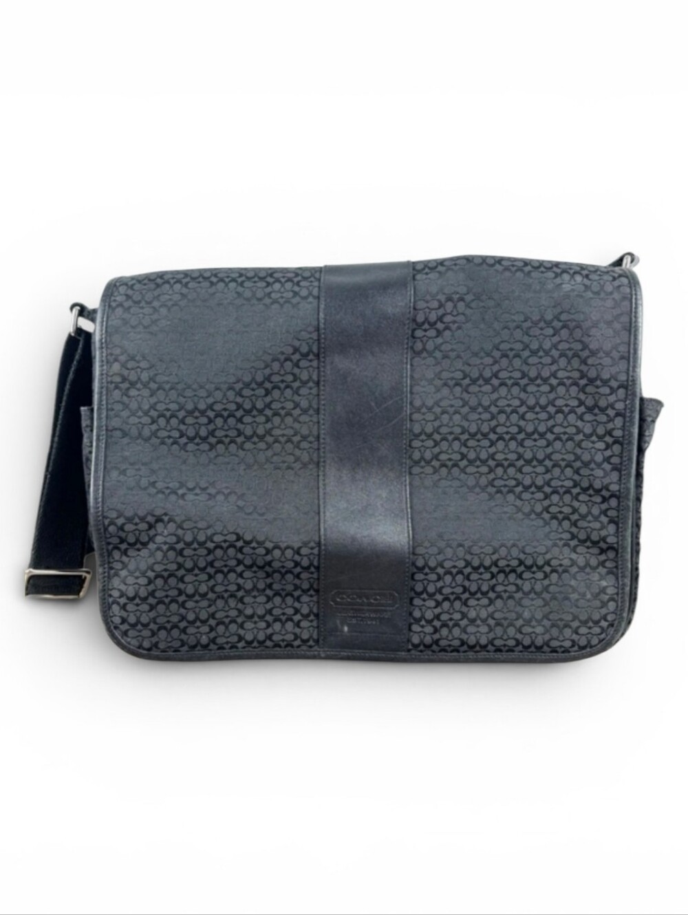 Coach Black Signature Jacquard Messenger Bag with Center Leather Panel